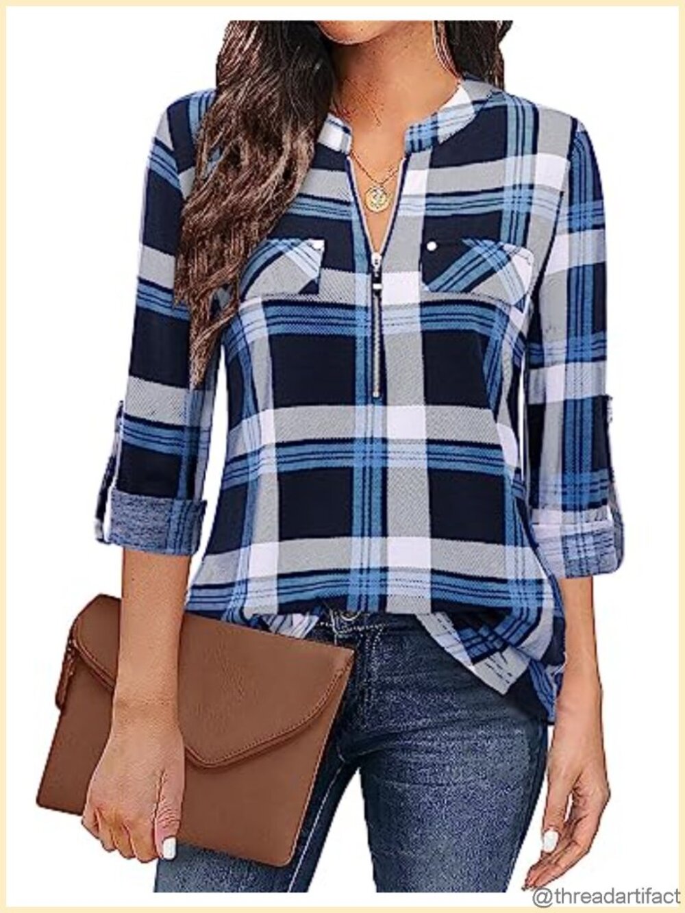 Womens Plus Size V Neck Zipper Tunic Top 3/4 Sleeve Business Casual Blouse